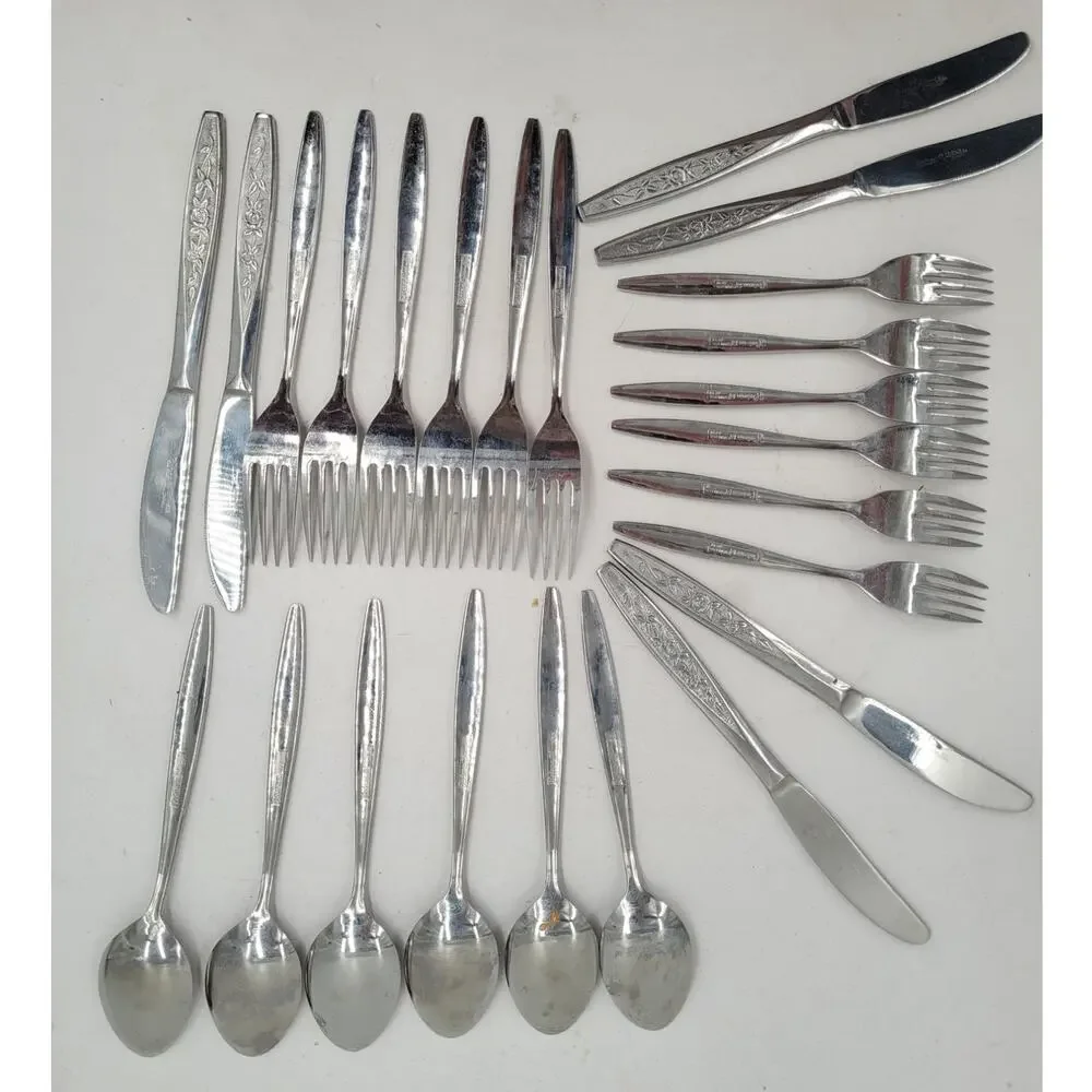 Eldan ELD18 Stainless Flatware Set Japan Roses Textured 24 Pc Tableware